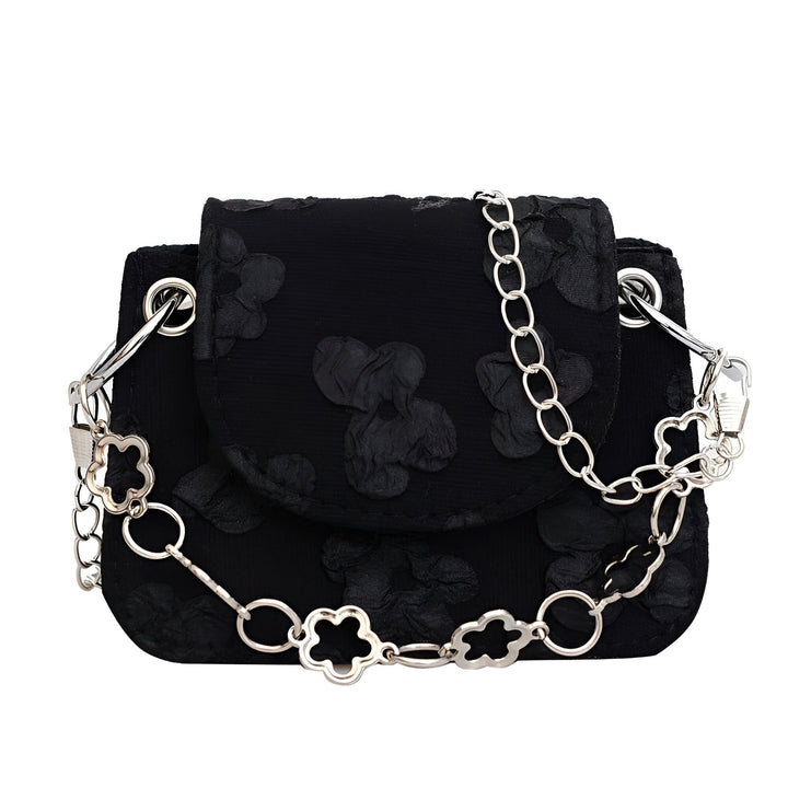 Sac à main noir texturé floral avec bandoulière chaîne argentée, 46193968414944,46193968447712,46193968480480,46193968513248,46193968546016