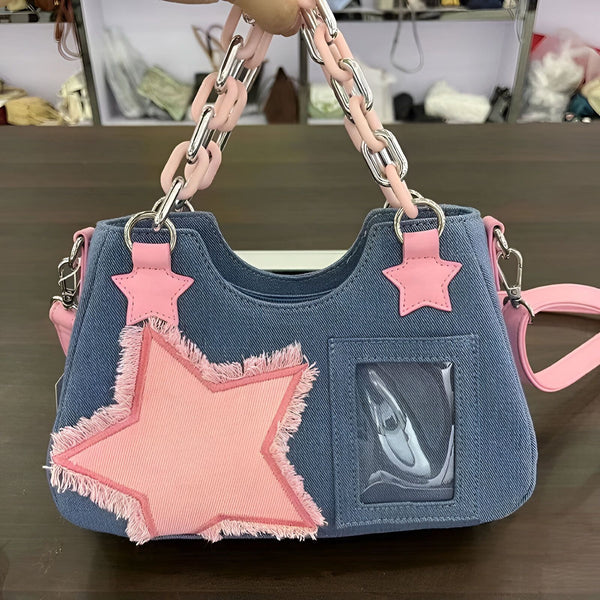 Sac à main en jean bleu avec chaînes roses, étoiles et poche transparente., 46262992928992,46262992961760