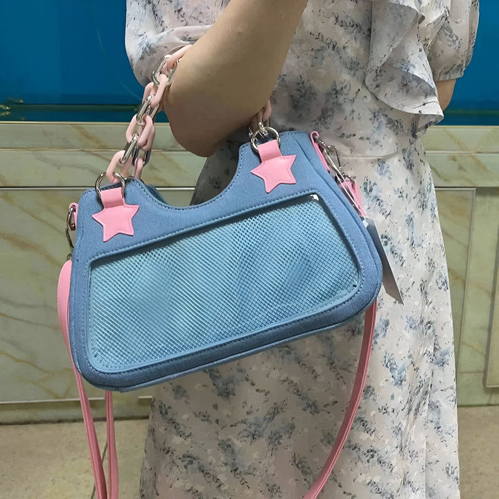 Sac à main bleu avec étoiles roses et fenêtre transparente., 46262992928992,46262992961760