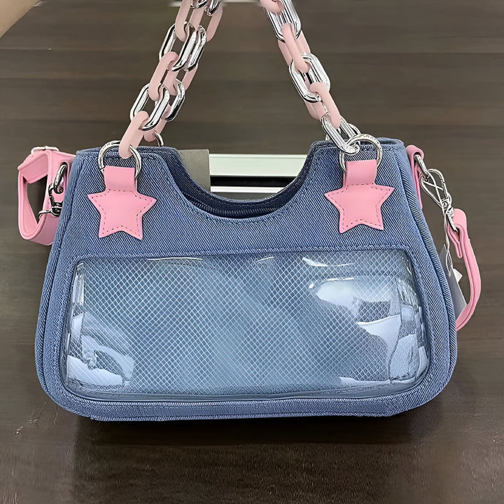 Sac à main en jean bleu avec poignées chaîne rose et argent, étoiles roses et fenêtre transparente., 46262992928992,46262992961760