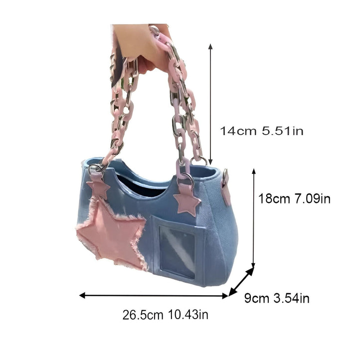 Sac à main en jean bleu avec étoiles roses et bandoulière chaîne rose, 46262992928992,46262992961760
