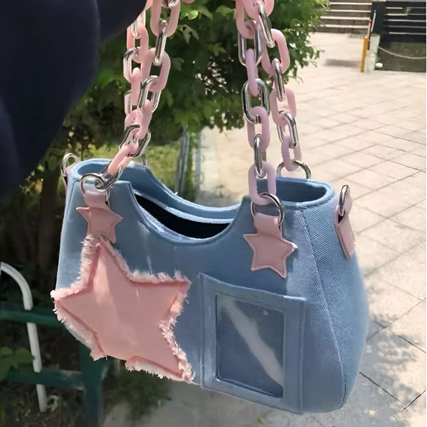 Sac à main bleu ciel avec chaîne rose, étoile rose effilochée et fenêtre transparente, 46262992928992,46262992961760
