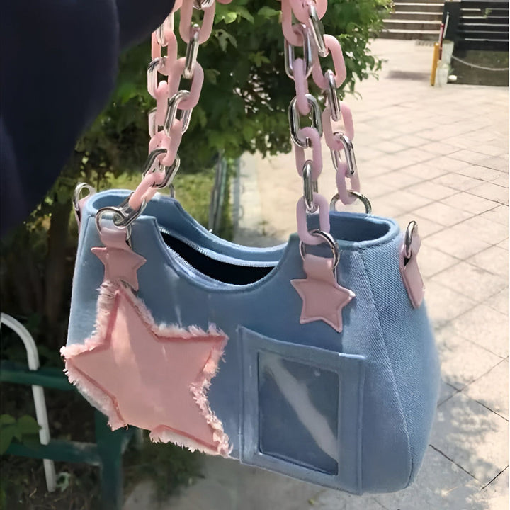 Sac à main bleu ciel avec chaîne rose, étoile rose effilochée et fenêtre transparente, 46262992928992,46262992961760