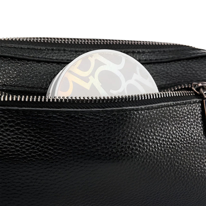Compact de maquillage rond irisé dans pochette noire zippée., 46266441760992,46266441793760