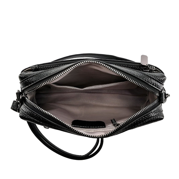 Vue de dessus d'un sac à bandoulière en cuir noir ouvert, montrant l'intérieur doublé avec poches., 46266441760992,46266441793760