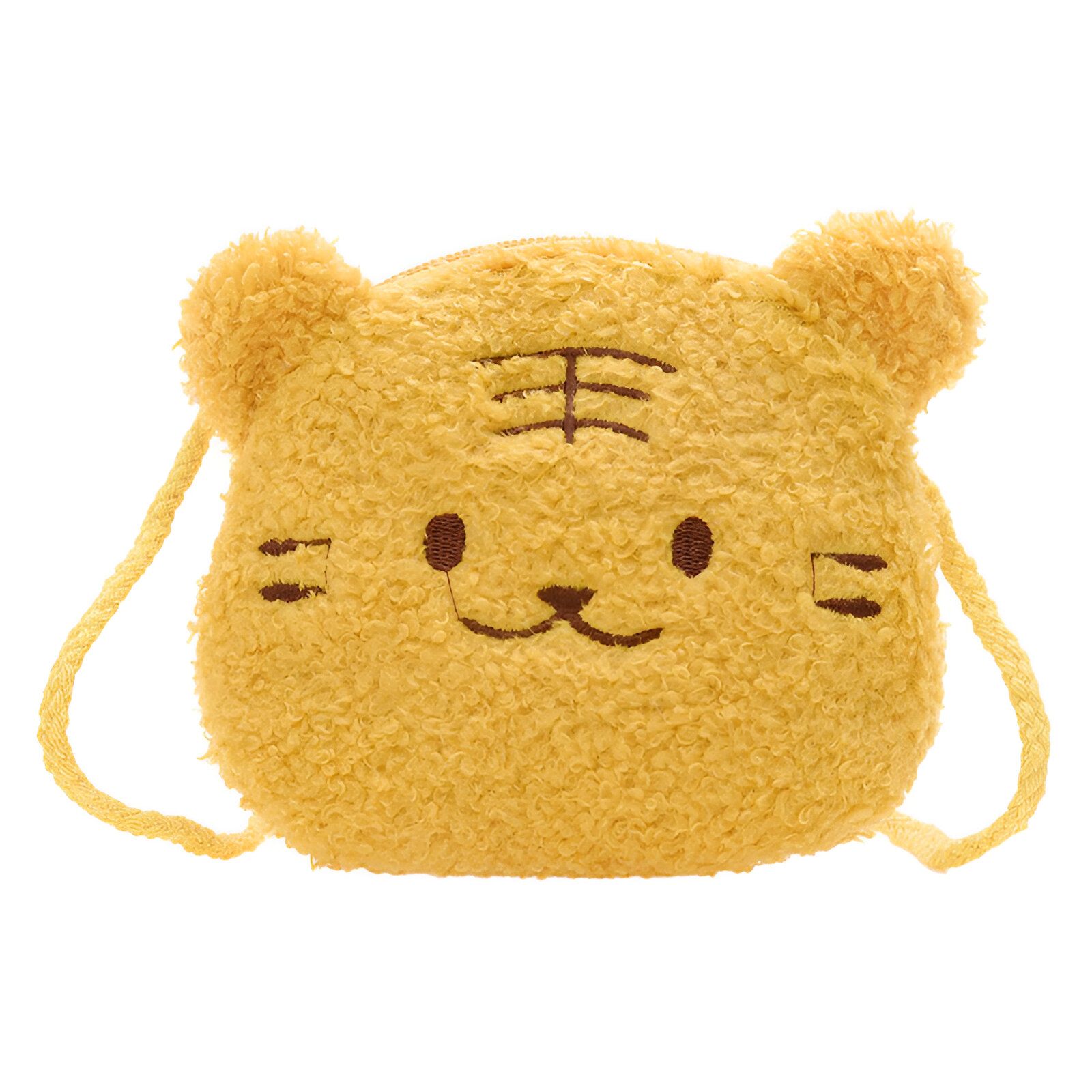 Petit sac à main en peluche jaune en forme de tigre avec une sangle.