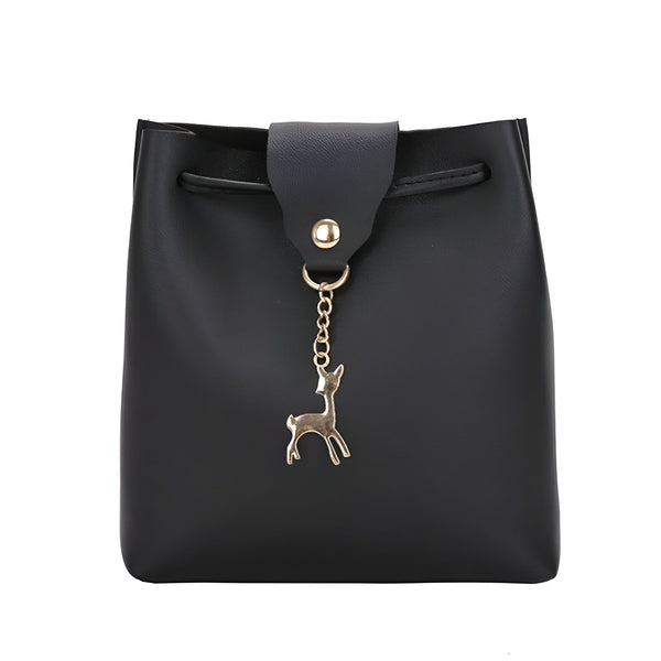 Sac seau noir en similicuir avec cordon et charm cerf doré., 46262994305248,46262994338016,46262994370784,46262994403552,46262994436320,46262994469088