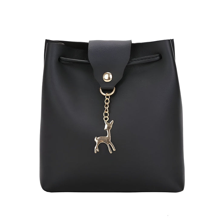 Sac seau noir en similicuir avec cordon et charm cerf doré., 46262994305248,46262994338016,46262994370784,46262994403552,46262994436320,46262994469088