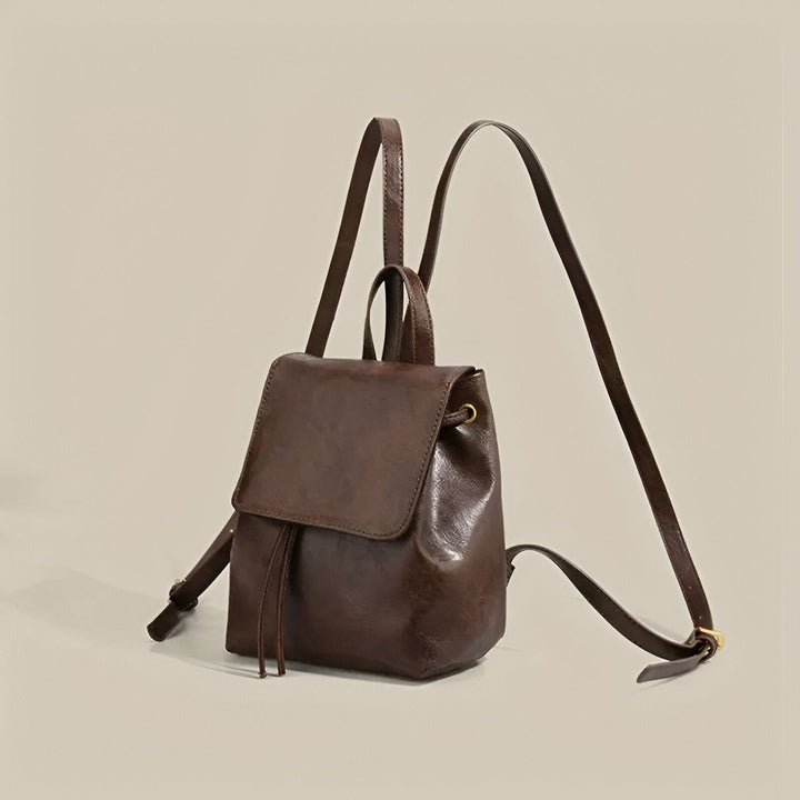 Sac à dos en cuir marron foncé, rabat, cordon de serrage et bretelles ajustables., 46194001805536,46194001838304