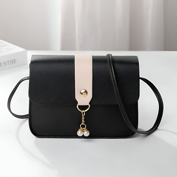 Sac bandoulière noir avec bande rose pâle, bouton doré et pendentif perles, 46262754246880,46262754279648,46262754312416,46262754345184,46262754377952