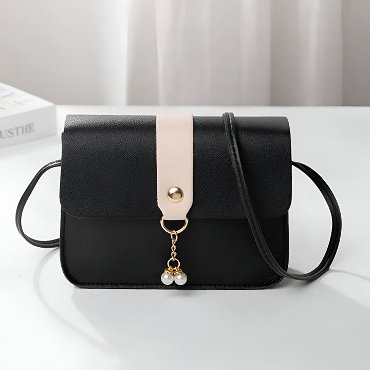 Sac bandoulière noir avec bande rose pâle, bouton doré et pendentif perles, 46262754246880,46262754279648,46262754312416,46262754345184,46262754377952
