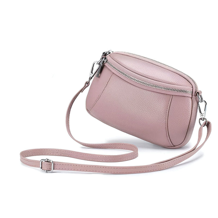 Sac bandoulière rose pâle en cuir avec zip métallique, 46266442121440,46266442154208,46266442186976,46266442219744,46266442252512