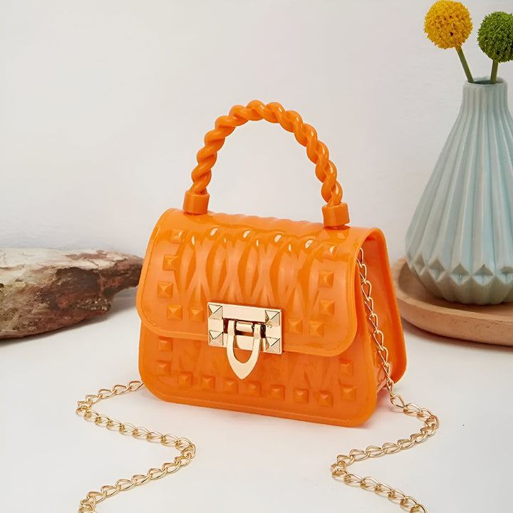 Sac à main orange brillant avec poignée torsadée, chaîne dorée et clous, 46262992208096,46262992240864,46262992273632,46262992339168,46262992371936,46262992404704,46262992437472