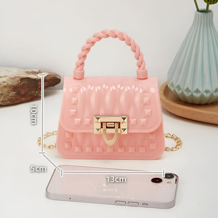Sac mini rose transparent avec poignée torsadée, studs et fermoir doré., 46262992208096,46262992240864,46262992273632,46262992339168,46262992371936,46262992404704,46262992437472