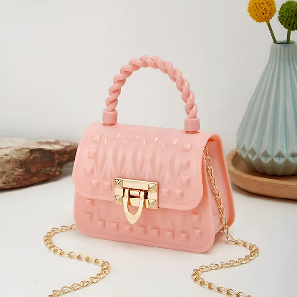 Sac rose effet gelée avec poignée torsadée, fermoir et chaîne dorés., 46262992208096,46262992240864,46262992273632,46262992339168,46262992371936,46262992404704,46262992437472