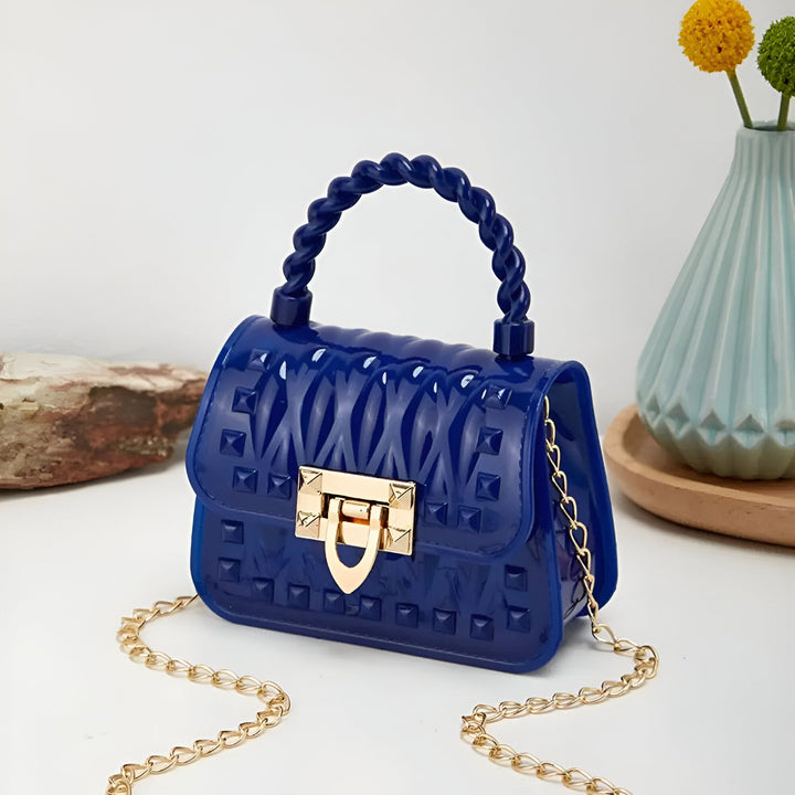 Sac à main bleu en gelly, chaîne dorée, poignée tressée et motif., 46262992208096,46262992240864,46262992273632,46262992339168,46262992371936,46262992404704,46262992437472