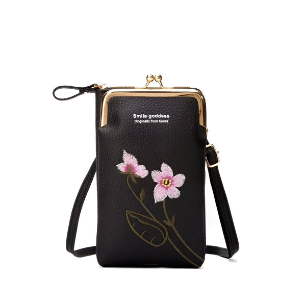 Sac bandoulière noir avec broderie de fleurs roses et fermoir doré., 46262993027296