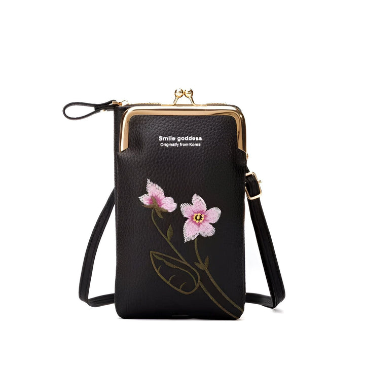 Sac bandoulière noir avec broderie de fleurs roses et fermoir doré., 46262993027296