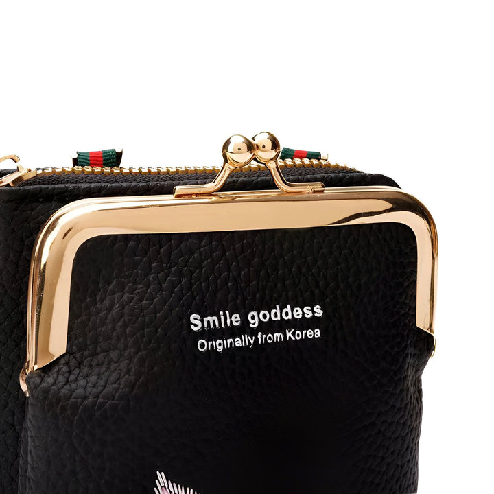 Porte-monnaie noir texturé avec fermoir doré, zipper et inscription Smile goddess Originally from Korea., 46262993027296
