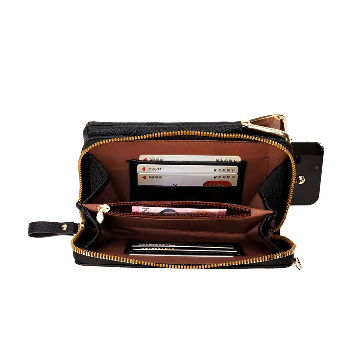 Pochette noire ouverte avec intérieur marron, emplacements pour cartes, billet et téléphone., 46262993027296