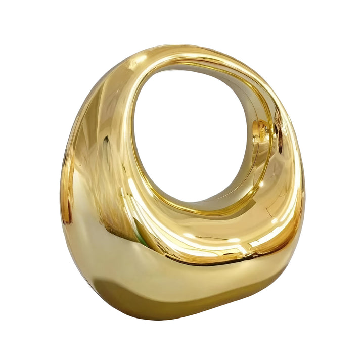 Sculpture abstraite dorée brillante avec trou central., 46194015502560,46194015535328,46194015568096,46194015600864,46194015633632,46194015666400