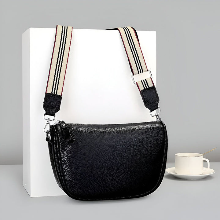 Sac bandoulière en cuir noir avec sangle rayée, 46262995747040,46262995779808,46262995812576,46262995845344