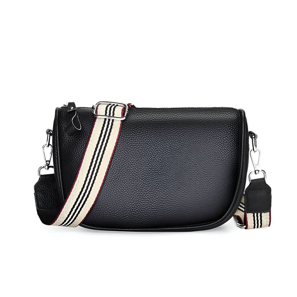 Sac bandoulière noir en cuir grainé avec sangle textile rayée., 46262995747040,46262995779808,46262995812576,46262995845344
