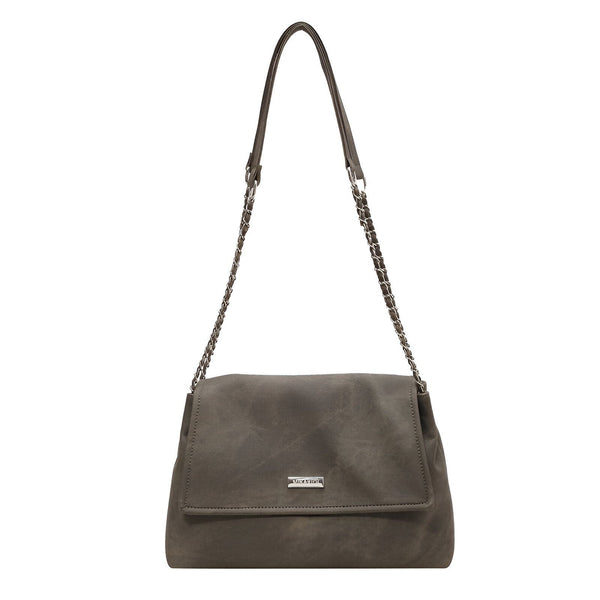 Sac à main URAZIO gris taupe, matière effet suédine, rabat, bandoulière chaîne et cuir., 46193885544672,46193885577440,46193885610208,46193885642976