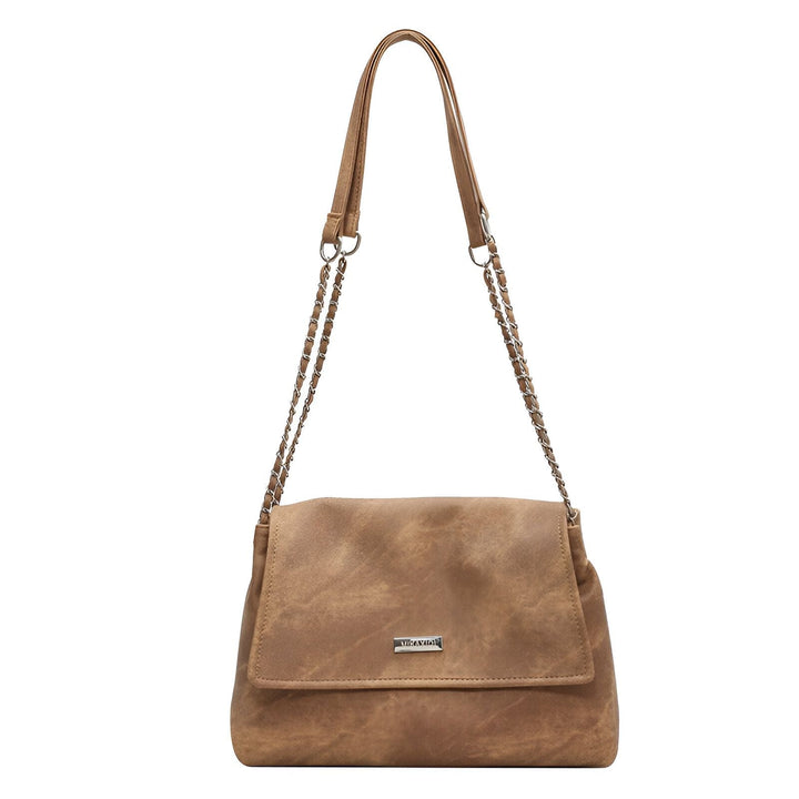 Sac à main marron avec bandoulières chaîne et rabat. Matière effet cuir vieilli., 46193885544672,46193885577440,46193885610208,46193885642976