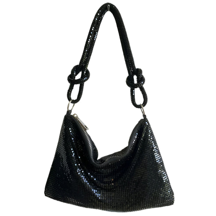 Sac à main noir en maille métallique avec anse nouée, 46194028642528,46194028675296,46194028708064
