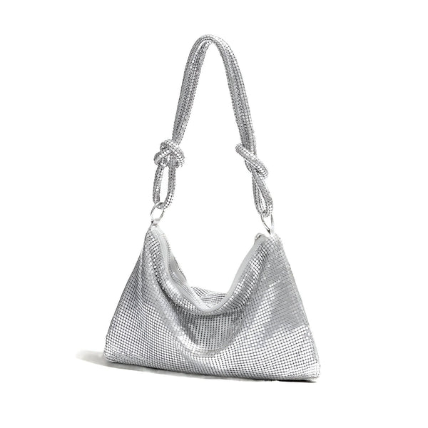 Sac argenté en maille brillante avec poignées nouées., 46194028642528,46194028675296,46194028708064