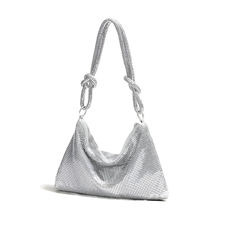 Sac argenté en maille brillante avec poignées nouées., 46194028642528,46194028675296,46194028708064