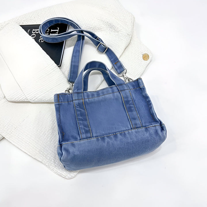 Sac fourre-tout en jean bleu avec petites anses et bandoulière, 46193993285856,46193993318624