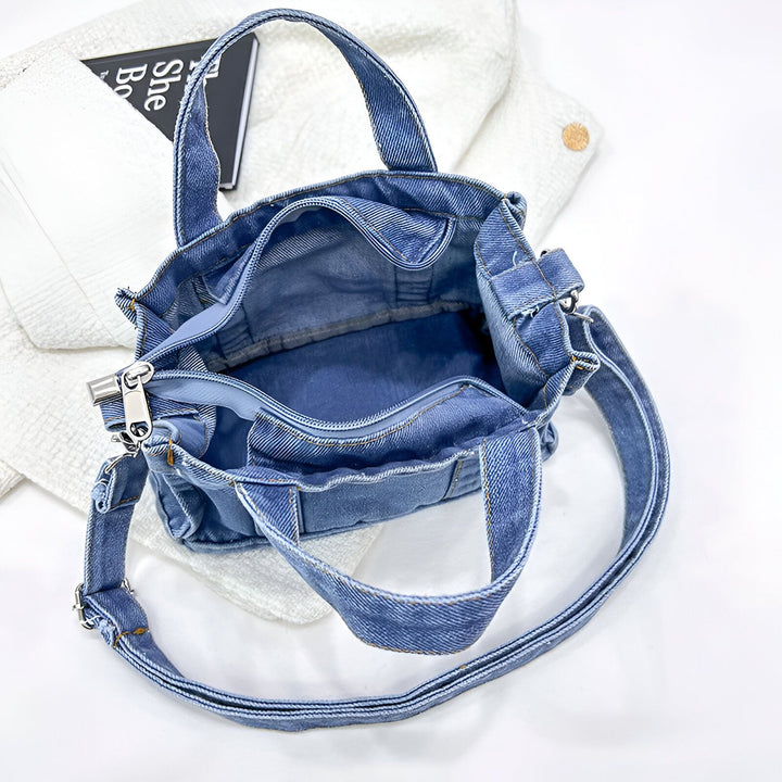 Sac tote en jean bleu ouvert avec poignées et bandoulière, 46193993285856,46193993318624