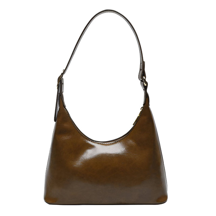 Sac à main porté épaule en cuir marron brillant., 46193942495456,46193942528224,46193942560992