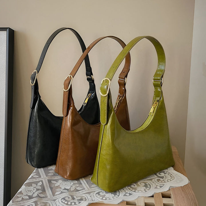 Trois sacs à main noirs, marron clair et vert olive brillants., 46193942495456,46193942528224,46193942560992