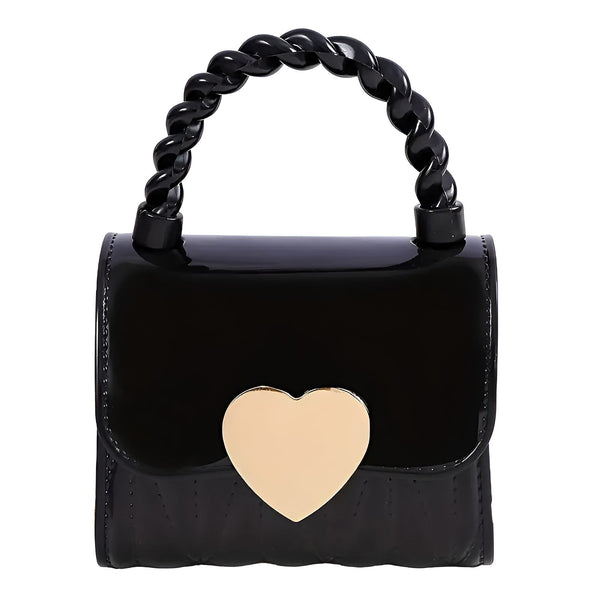 Sac à main noir brillant avec anse torsadée et détail cœur doré., 46193989976288,46193990009056,46193990041824,46193990074592,46193990107360,46193990140128