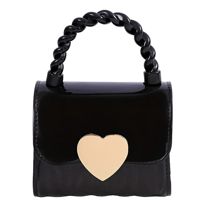Sac à main noir brillant avec anse torsadée et détail cœur doré., 46193989976288,46193990009056,46193990041824,46193990074592,46193990107360,46193990140128