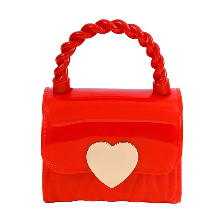 Sac à main rouge brillant avec poignée torsadée et fermoir cœur doré., 46193989976288,46193990009056,46193990041824,46193990074592,46193990107360,46193990140128