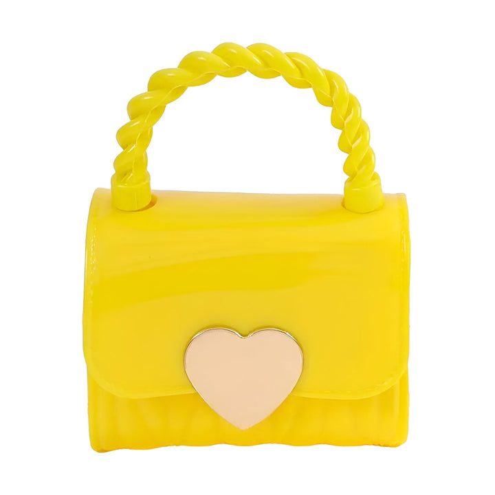 Sac à main jaune brillant avec poignée torsadée et boucle cœur doré., 46193989976288,46193990009056,46193990041824,46193990074592,46193990107360,46193990140128