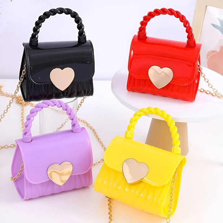 Quatre mini sacs brillants noir, rouge, violet, jaune, poignées torsadées, cœurs dorés, chaînes., 46193989976288,46193990009056,46193990041824,46193990074592,46193990107360,46193990140128