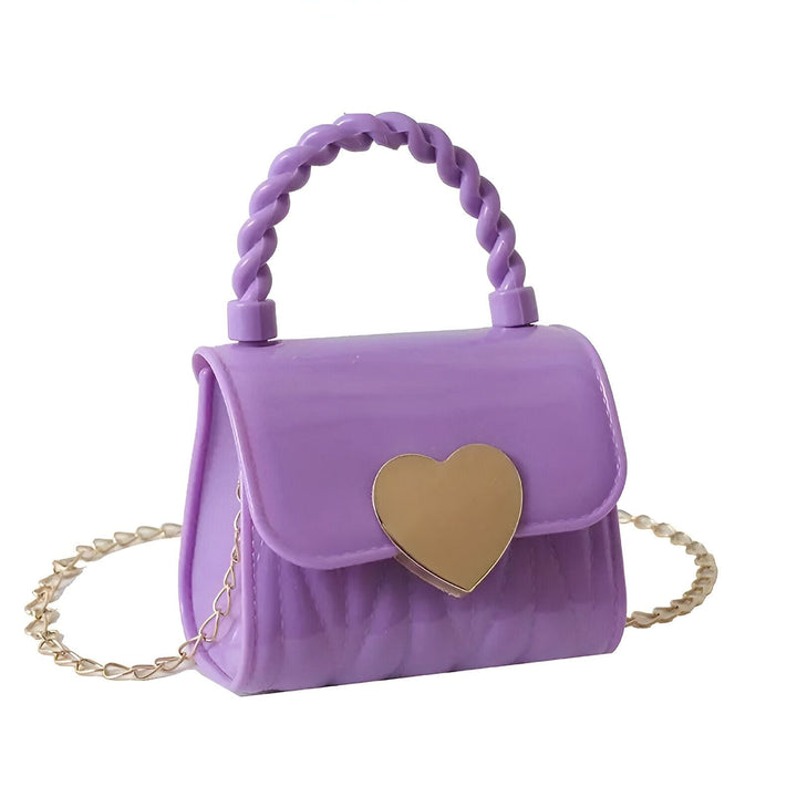Mini sac à main violet avec anse tressée, chaîne et cœur doré., 46193989976288,46193990009056,46193990041824,46193990074592,46193990107360,46193990140128