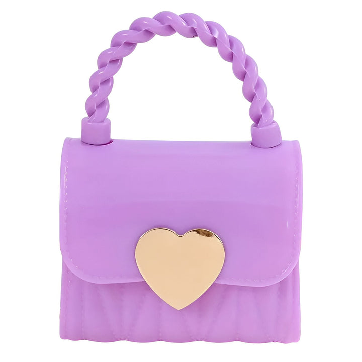 Petit sac à main violet en plastique avec poignée torsadée et cœur doré, 46193989976288,46193990009056,46193990041824,46193990074592,46193990107360,46193990140128