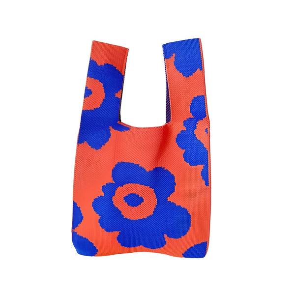 Sac shopping orange tricoté avec grandes fleurs bleues, 46193944363232,46193944396000,46193944428768