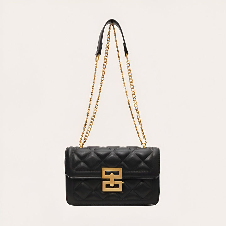 Sac noir matelassé en cuir avec bandoulière chaîne dorée, 46193949049056