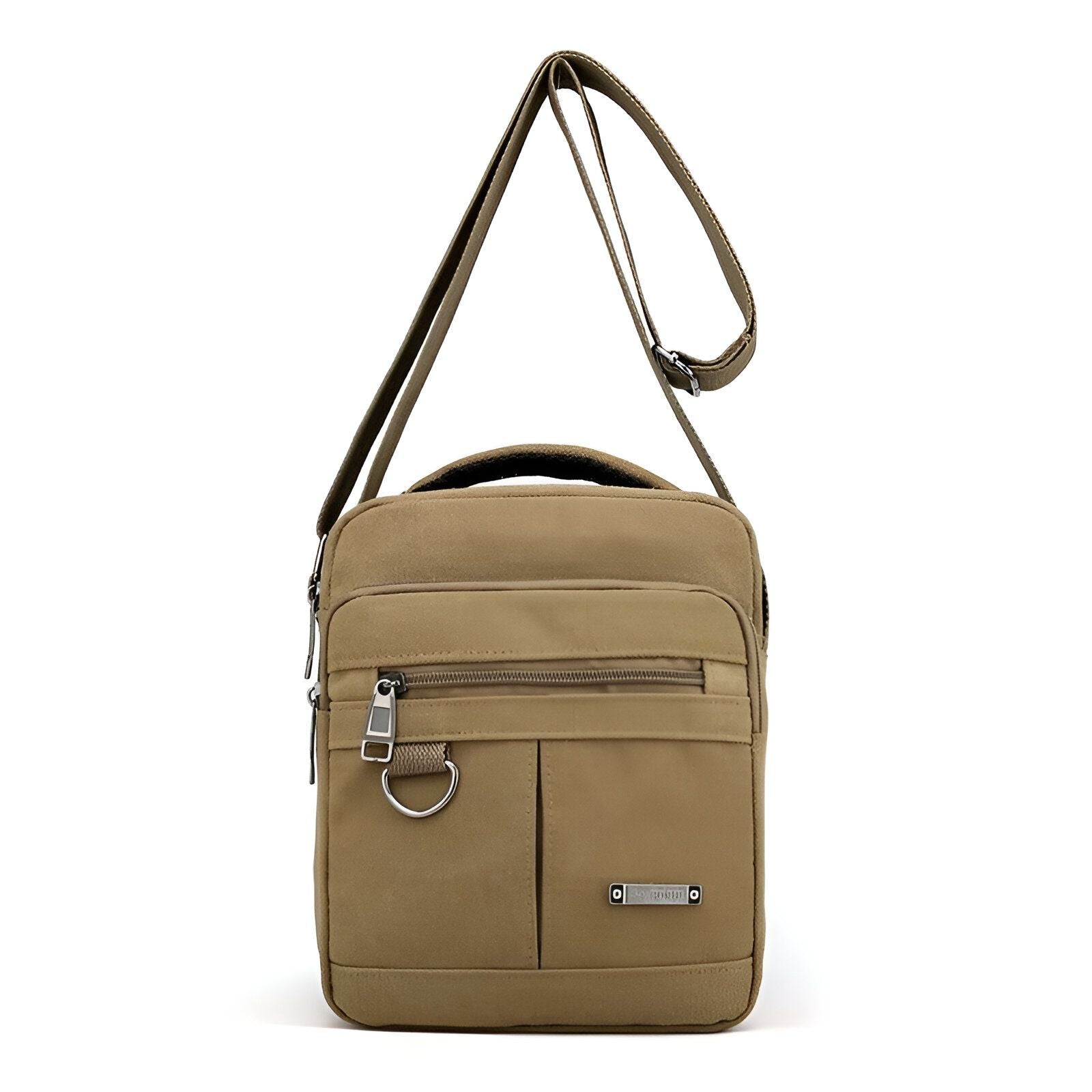 Sac à bandoulière en toile beige pour homme avec une poche à fermeture éclair et une sangle réglable.