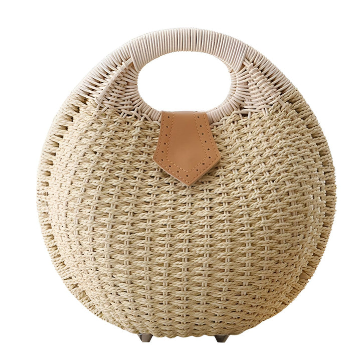 Sac rond en paille tressée beige, poignées intégrées blanches, patch cuir marron., 46193945706720,46193945739488,46193945772256,46193945805024,46193945837792