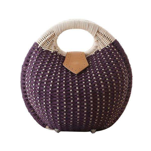 Sac à main rond tressé violet et blanc avec poignée rigide, détails en cuir et pieds métalliques., 46193945706720,46193945739488,46193945772256,46193945805024,46193945837792