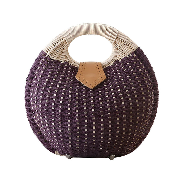 Sac à main rond tressé violet et blanc avec poignée rigide, détails en cuir et pieds métalliques., 46193945706720,46193945739488,46193945772256,46193945805024,46193945837792