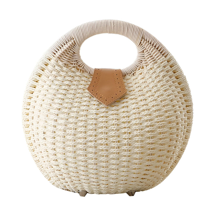 Sac à main ovale tissé blanc, anse ronde, empiècement marron, pieds métal., 46193945706720,46193945739488,46193945772256,46193945805024,46193945837792